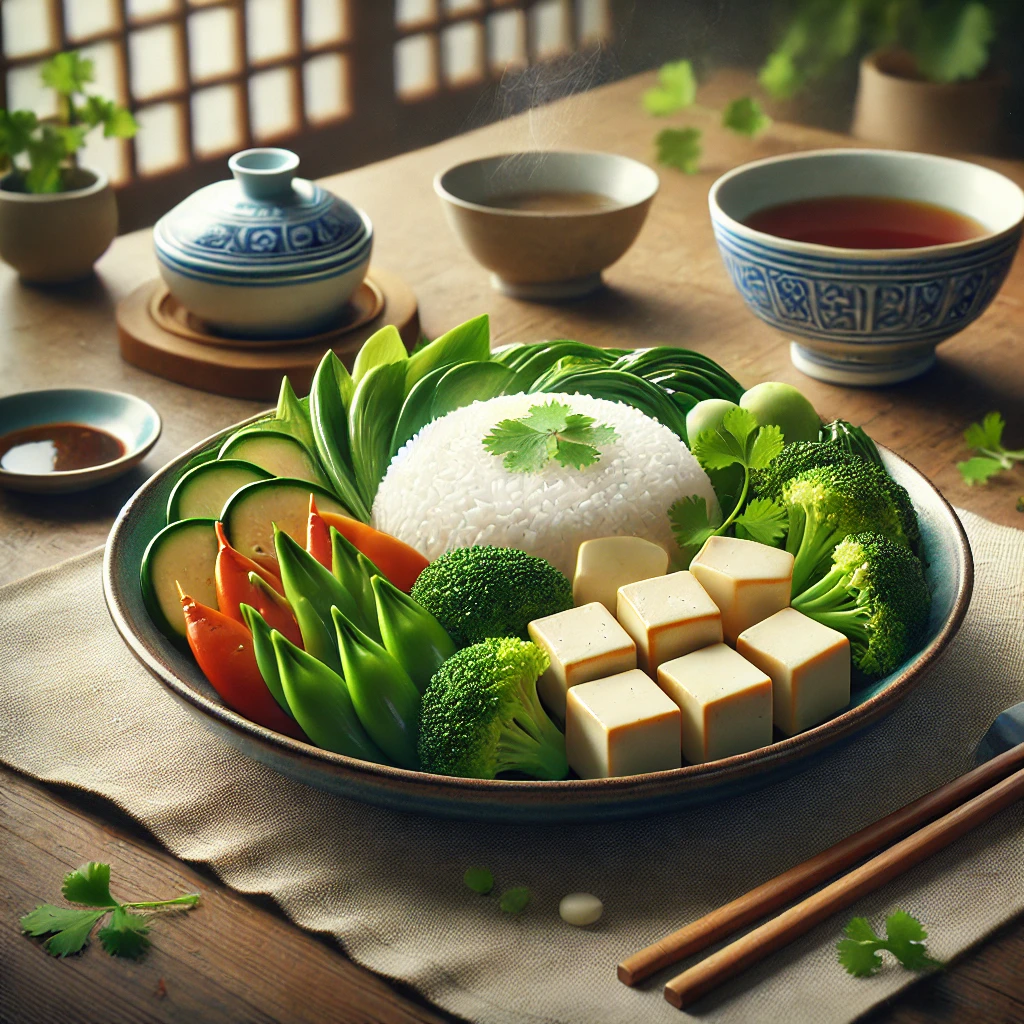 ¿Qué Comida China Es Baja En Sodio? Lo Que No Sabías (1) 2 Comida China Baja En Sodio, Destacando Un Plato Saludable Con Vegetales Al Vapor, Tofu Y Arroz Blanco, Presentado En Un Entorno Acogedor Con Utensilios Tradicionales.