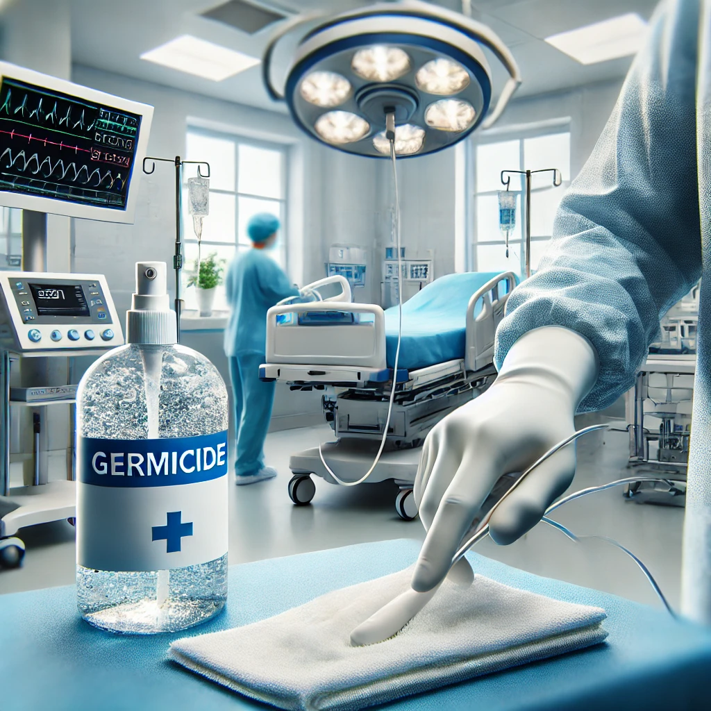 Que Es Un Germicida, Propósito (1) 3 Representa Un Entorno Médico Donde Se Utilizan Germicidas De Manera Práctica, Como Toallitas Y Sprays Desinfectantes, Destacando La Importancia De La Higiene Y La Prevención De Infecciones.