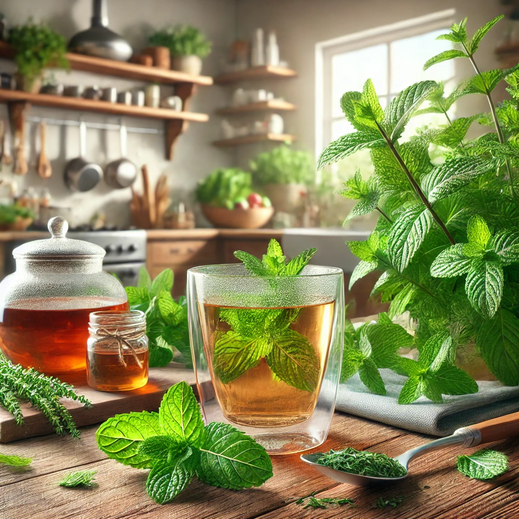 Representa Hojas De Menta Frescas Y Un Vaso De Té De Menta En Un Ambiente Cálido Y Acogedor, Destacando Tanto Los Aspectos Naturales Como El Enfoque Sobre Los Posibles Efectos En La Salud.