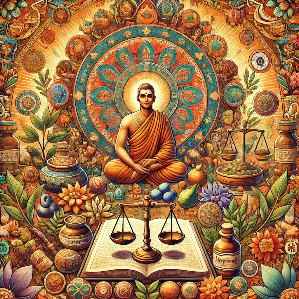 Ética Médica Hindú, Qué Es (1) 3 Representa Un Médico Tradicional Rodeado De Elementos Culturales Y Naturales Que Simbolizan La Conexión Entre Espiritualidad, Medicina Y Ética.