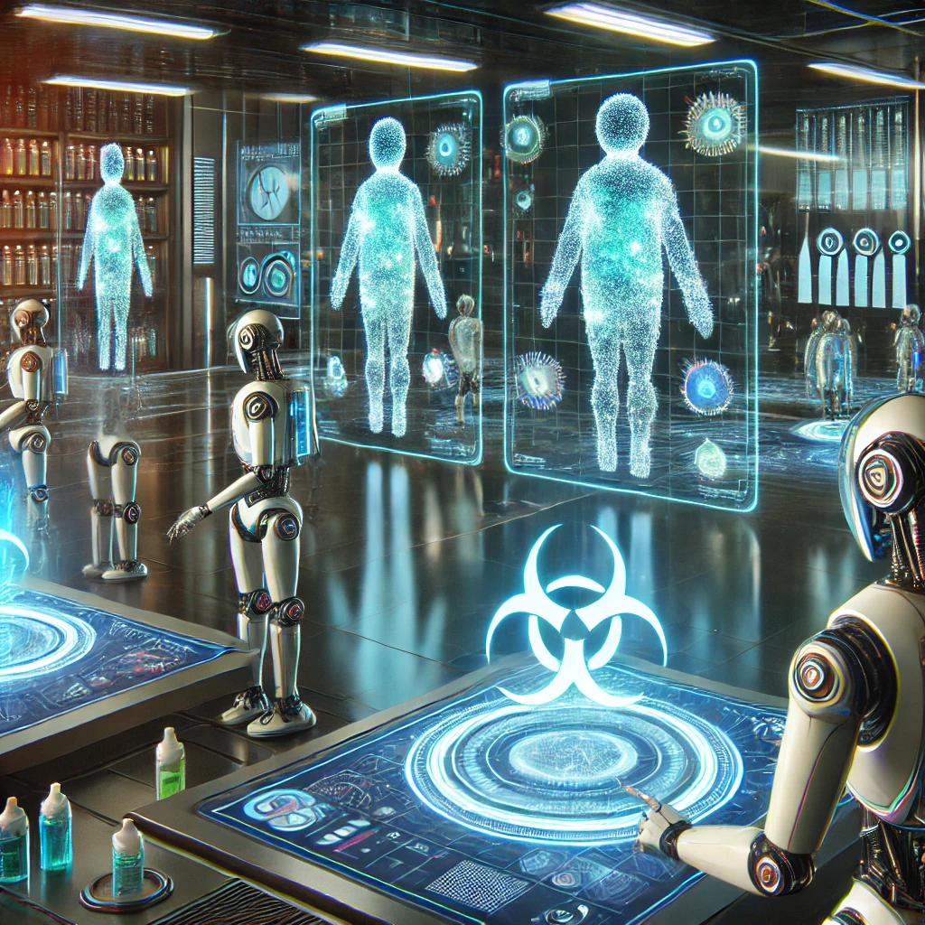 Muestra Un Escenario Futurista Con Robots Empleando Tecnología Uv Para Esterilizar Ambientes, Acompañado De Hologramas Y Un Diseño De Estilo Cyberpunk, Destacando La Innovación Tecnológica En El Control De Patógenos